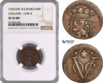 AF962, Netherlands East Indies, VOC, 1 Duit 1734 "LOW 4", Holland arms, NGC XF45BN, Top Pop