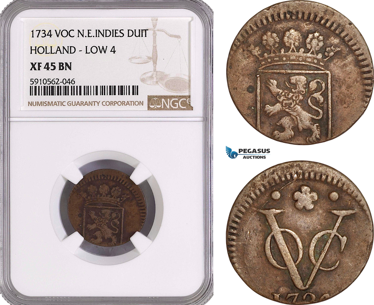 AF962, Netherlands East Indies, VOC, 1 Duit 1734 "LOW 4", Holland arms, NGC XF45BN, Top Pop