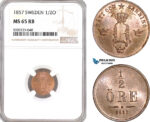 AG019, Sweden, Oscar I, 1/2 Öre 1857, NGC MS65RB