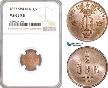 AG019, Sweden, Oscar I, 1/2 Öre 1857, NGC MS65RB