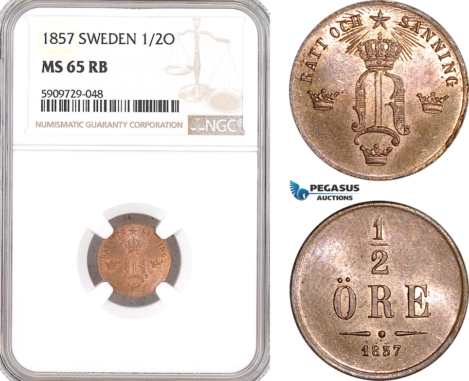 AG019, Sweden, Oscar I, 1/2 Öre 1857, NGC MS65RB