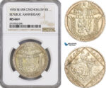 AG037, Czechoslovakia, 5 Ducats 1928, 10th Anniversary of Czechoslovakia, Silver, NGC MS66+ Pop 1/0