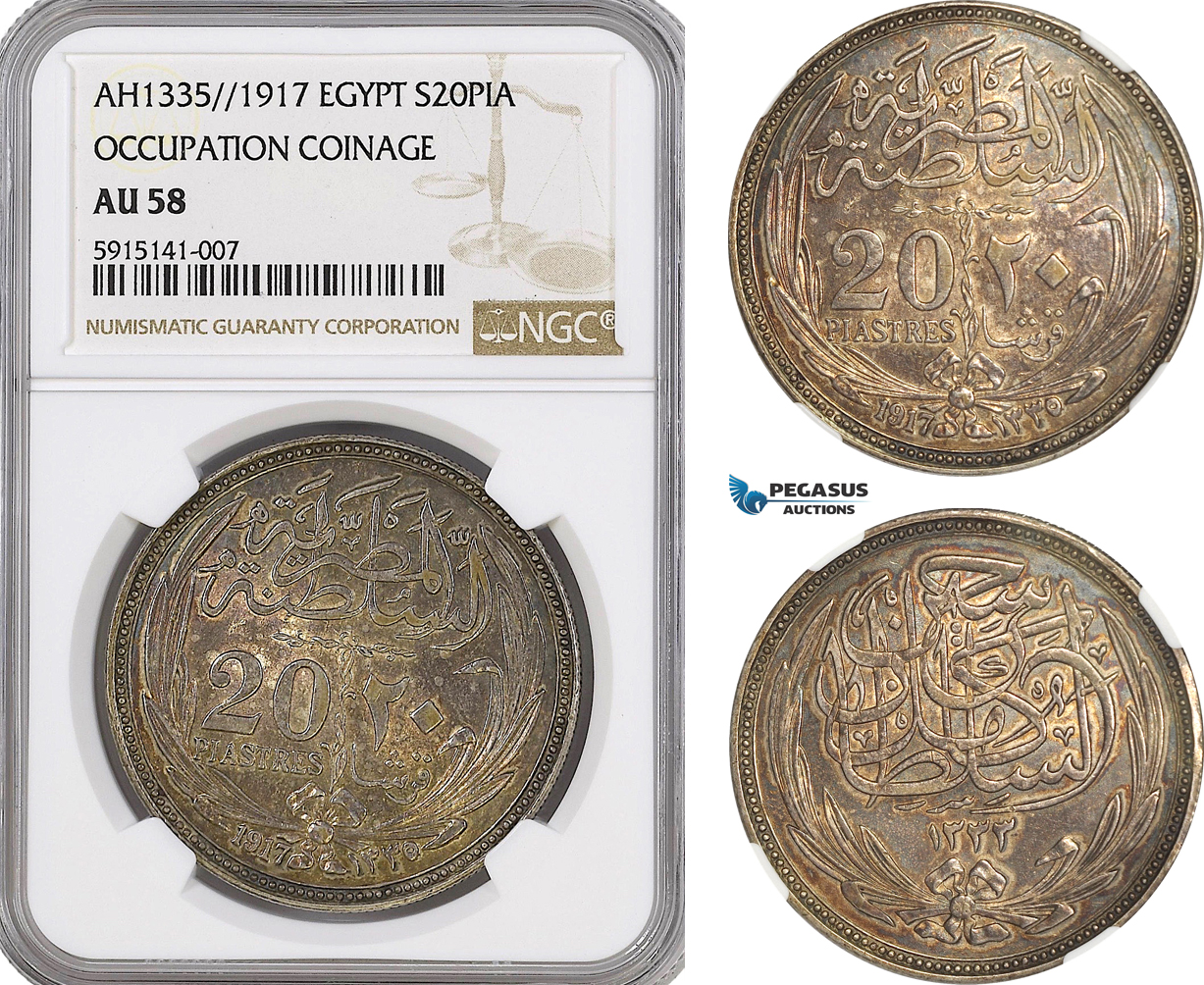 AG042, Egypt (Occupation Coinage) 20 Piastres AH1335 (1917) Silver, NGC AU58