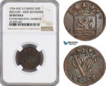 AG072, Netherlands East Indies, VOC, 1 Duit 1754, Zeeland Arms, Date Separated, NGC XF Det.