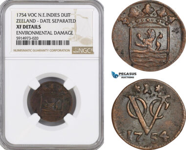 AG072, Netherlands East Indies, VOC, 1 Duit 1754, Zeeland Arms, Date Separated, NGC XF Det.