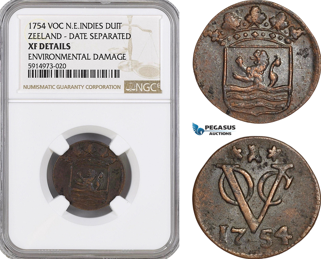 AG072, Netherlands East Indies, VOC, 1 Duit 1754, Zeeland Arms, Date Separated, NGC XF Det.