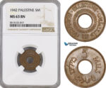AG076, Palestine, 5 Mils 1942, London, NGC MS63BN