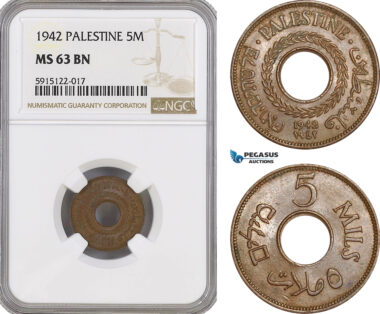 AG076, Palestine, 5 Mils 1942, London, NGC MS63BN