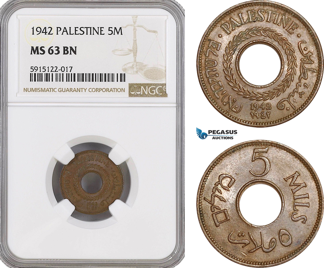 AG076, Palestine, 5 Mils 1942, London, NGC MS63BN