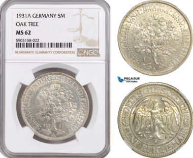 AG184-R, Germany, Weimar, "Oak Tree" 5 Reichsmark 1931-A, Berlin, Silver, NGC MS62