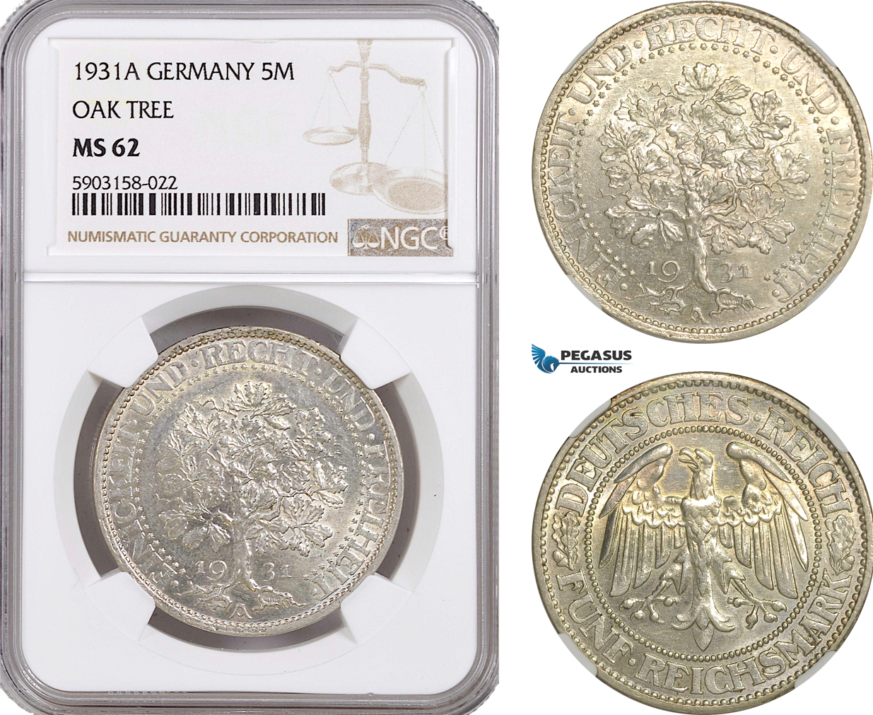 AG184-R, Germany, Weimar, "Oak Tree" 5 Reichsmark 1931-A, Berlin, Silver, NGC MS62