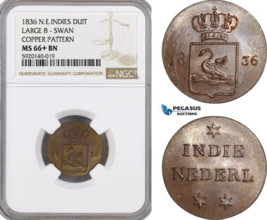 AG272, Netherlands East Indies, Copper Pattern “Swan Duit” 1836, Large 8, NGC MS66+BN, Pop 1/0