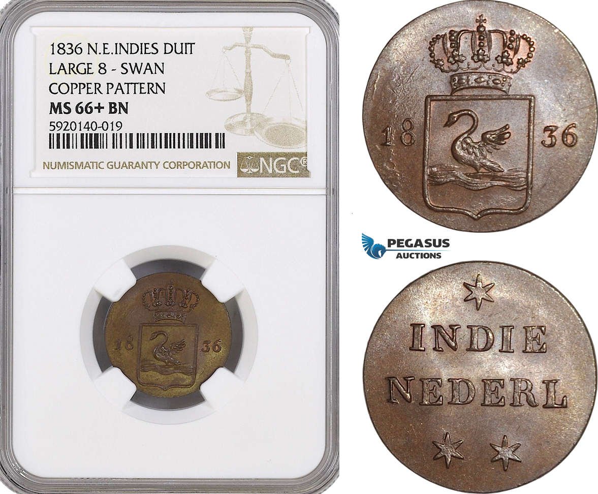 AG272, Netherlands East Indies, Copper Pattern “Swan Duit” 1836, Large 8, NGC MS66+BN, Pop 1/0