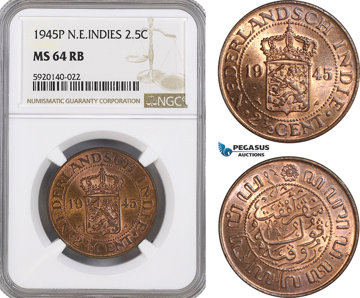 AG275, Netherlands East Indies, 2 1/2 Cent 1945-P, Philadelphia, NGC MS64RB