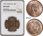 AG295, Portugal, Carlos I, 20 Reis 1891, NGC MS64BN