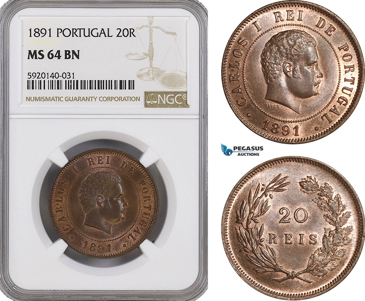 AG295, Portugal, Carlos I, 20 Reis 1891, NGC MS64BN