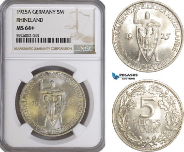 AG391, Germany, Weimar Republic, 5 Reichsmark 1925-A, Berlin, Silver "Rhineland" NGC MS64+