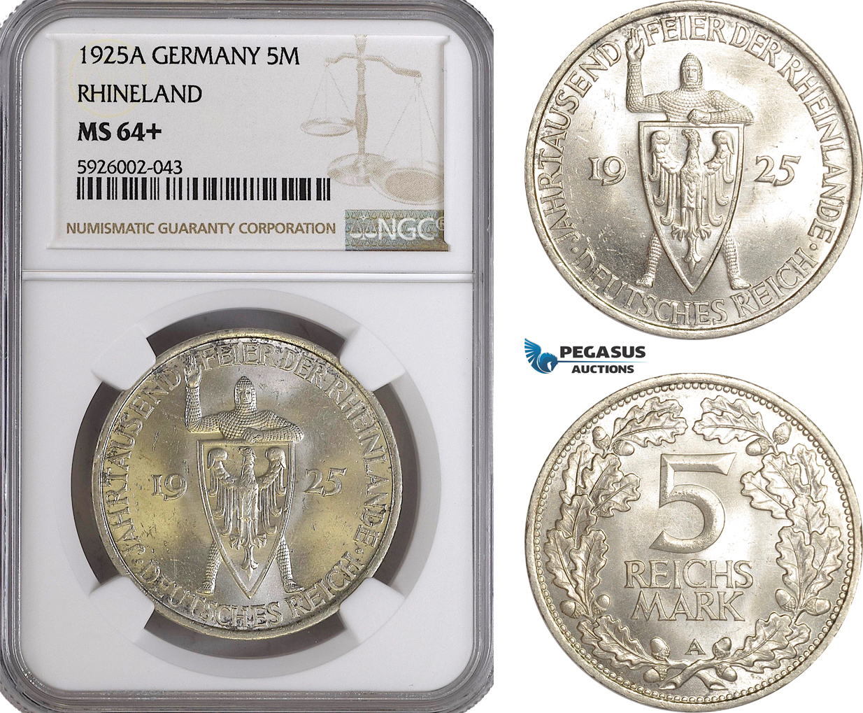 AG391, Germany, Weimar Republic, 5 Reichsmark 1925-A, Berlin, Silver "Rhineland" NGC MS64+