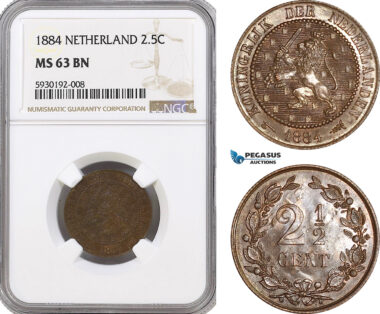 AG414, Netherlands, Willem III, 2 1/2 Cents 1884, NGC MS63BN
