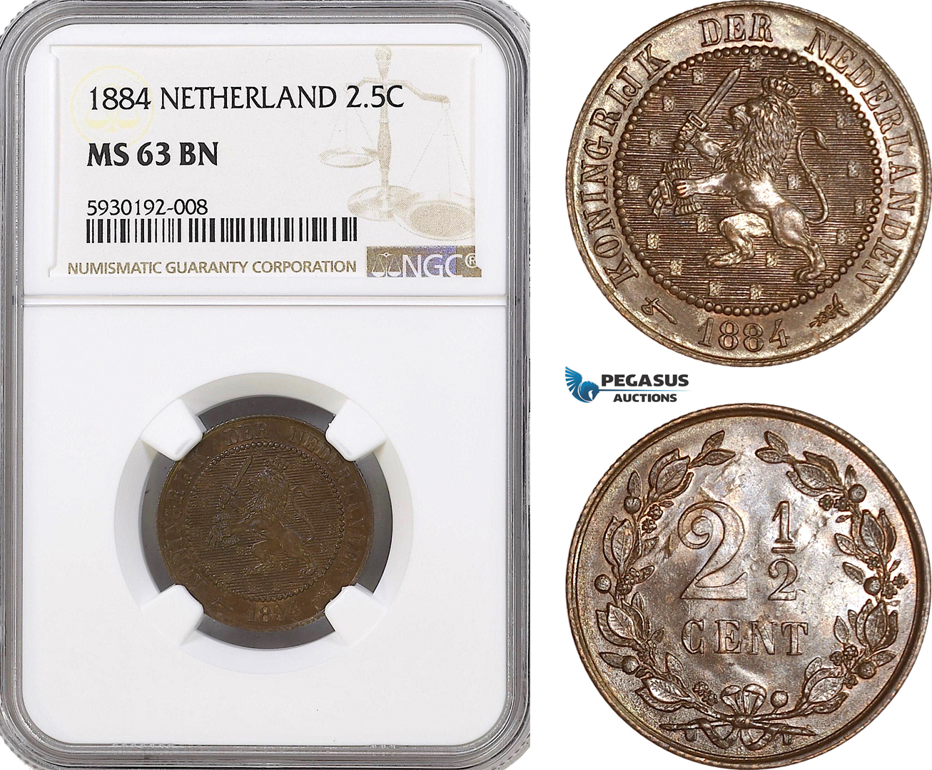 AG414, Netherlands, Willem III, 2 1/2 Cents 1884, NGC MS63BN