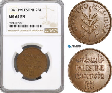 AG422, Palestine, 2 Mils 1941, London, NGC MS64BN