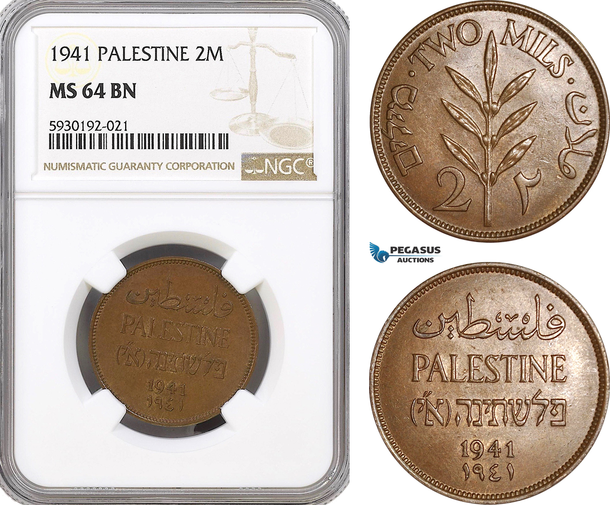 AG422, Palestine, 2 Mils 1941, London, NGC MS64BN