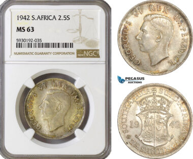 AG432, South Africa, George VI, 2­ 1/2 Shillings 1942, Pretoria, Silver, NGC MS63
