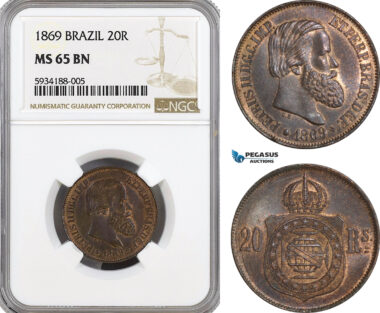 AG470, Brazil, Pedro II, 20 Reis 1869, NGC MS65BN