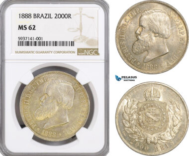 AG471, Brazil, Pedro II, 2000 Reis 1888, NGC MS62
