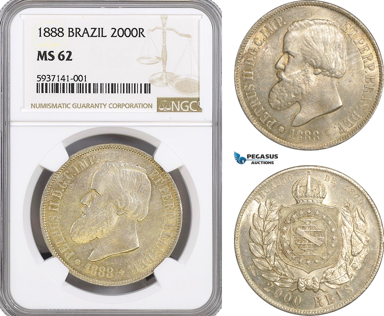 AG471, Brazil, Pedro II, 2000 Reis 1888, NGC MS62