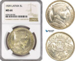 AG511-R, Latvia, 5 Lati 1929, Silver, NGC MS64