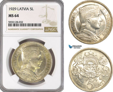 AG511-R, Latvia, 5 Lati 1929, Silver, NGC MS64