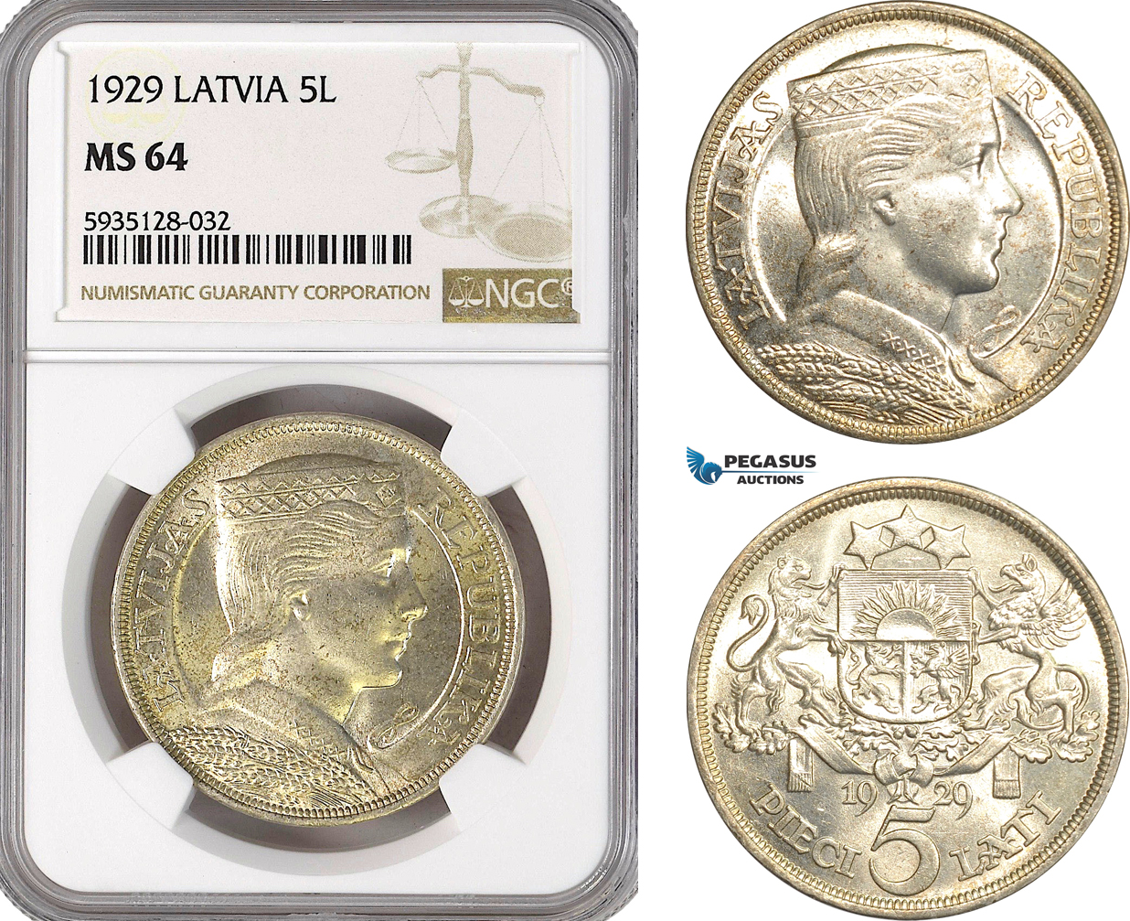 AG511-R, Latvia, 5 Lati 1929, Silver, NGC MS64