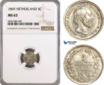 AG514, Netherlands, Willem III, 5 Cents 1869, Silver, NGC MS63