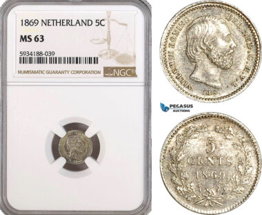 AG514, Netherlands, Willem III, 5 Cents 1869, Silver, NGC MS63