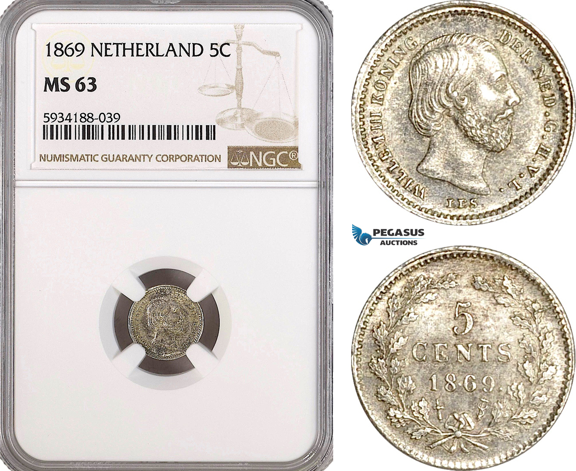AG514, Netherlands, Willem III, 5 Cents 1869, Silver, NGC MS63