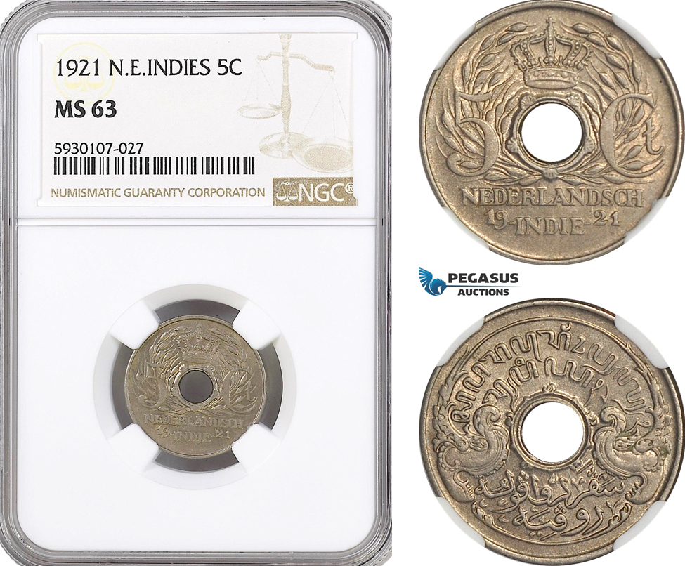 AG517, Netherlands East Indies, 5 Cents 1921, NGC MS63