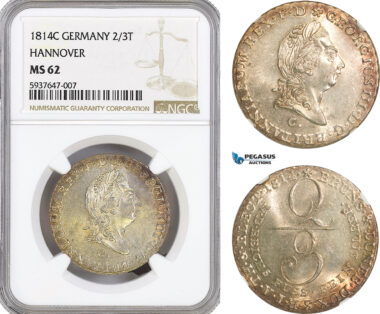 AG551, Germany, Hannover, George III of Great Britain, 2/3 Taler 1814-C, Clausthal, Silver, NGC MS62