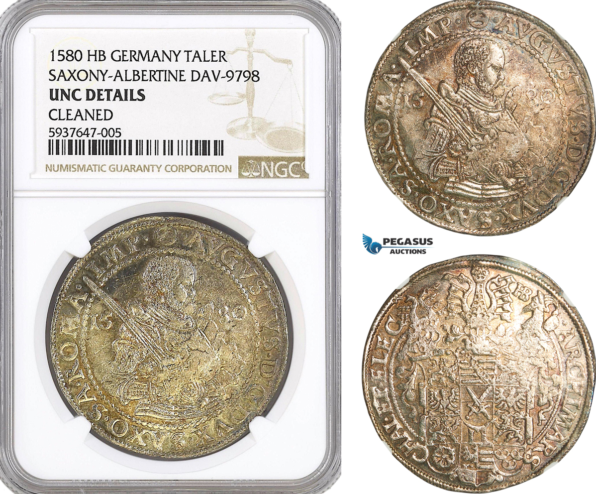 AG552, Germany, Saxony, August, Taler 1580 HB, Dresden, Silver, Dav-9798, NGC UNC Det.
