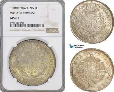 AG565, Brazil, Joao VI, 960 Reis 1818-R, Rio de Janeiro, Silver, Wreath Obverse, NGC MS61