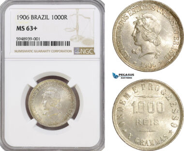 AG566, Brazil, 1000 Reis 1906, Silver, NGC MS63+