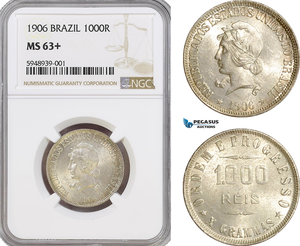 AG566, Brazil, 1000 Reis 1906, Silver, NGC MS63+