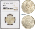 AG567, Brazil, 1000 Reis 1909, Silver, NGC MS63