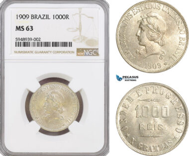 AG567, Brazil, 1000 Reis 1909, Silver, NGC MS63