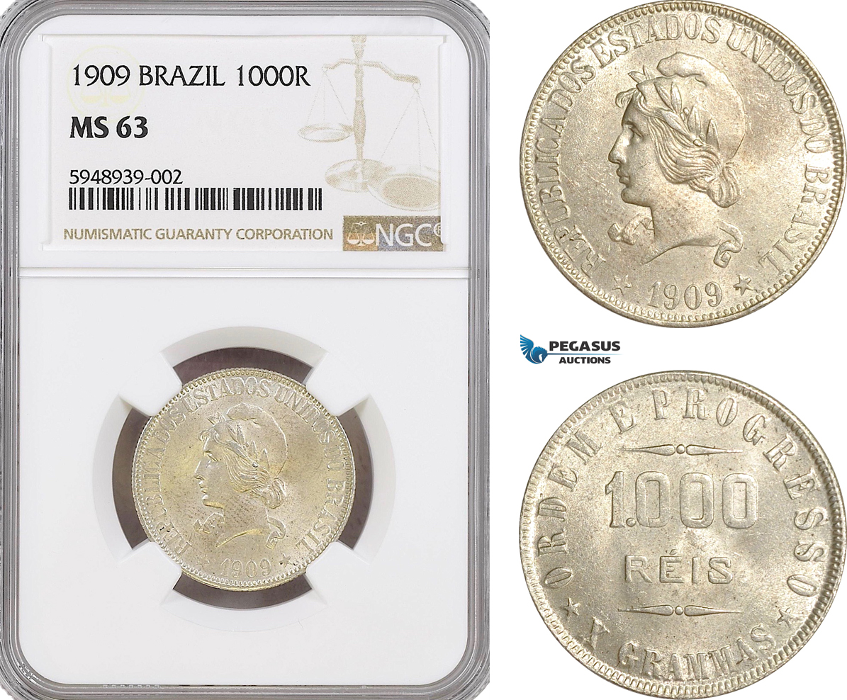 AG567, Brazil, 1000 Reis 1909, Silver, NGC MS63