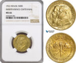 AG568, Brazil, 1000 Reis 1922, Independence Centennial, NGC MS66, TOP POP!