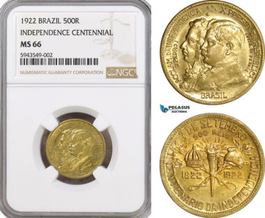AG568, Brazil, 1000 Reis 1922, Independence Centennial, NGC MS66, TOP POP!