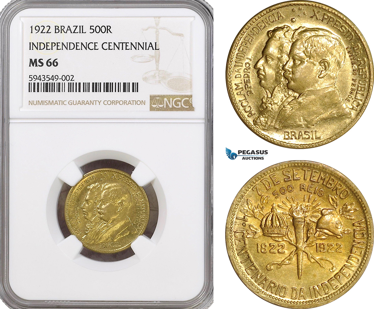 AG568, Brazil, 1000 Reis 1922, Independence Centennial, NGC MS66, TOP POP!