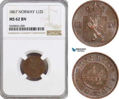 AG596, Norway, Carl XV, 1/2 Skilling 1867, Kongsberg, NGC MS62BN