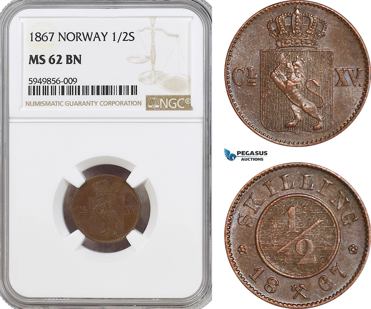 AG596, Norway, Carl XV, 1/2 Skilling 1867, Kongsberg, NGC MS62BN